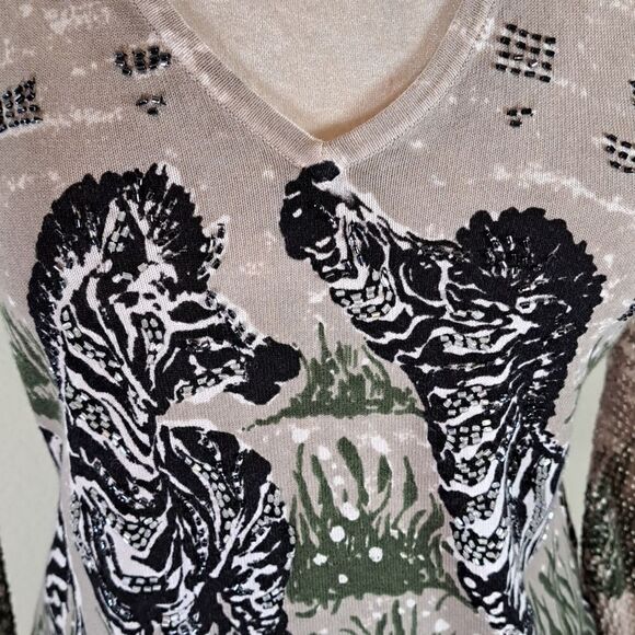 Nygard Women's Top Knit Zebra Beads Sequins V Neck Mesh Sleeves Size M - Picture 2 of 12